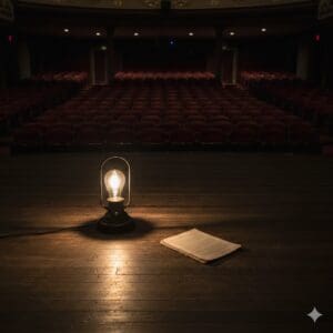 A theater ghost light on an empty stage, representing the delay while waiting for theatrical licensing rights from a publisher.