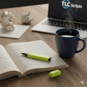 A highlighter and a cup of coffee sitting next to an open script, illustrating how to read a play script efficiently.