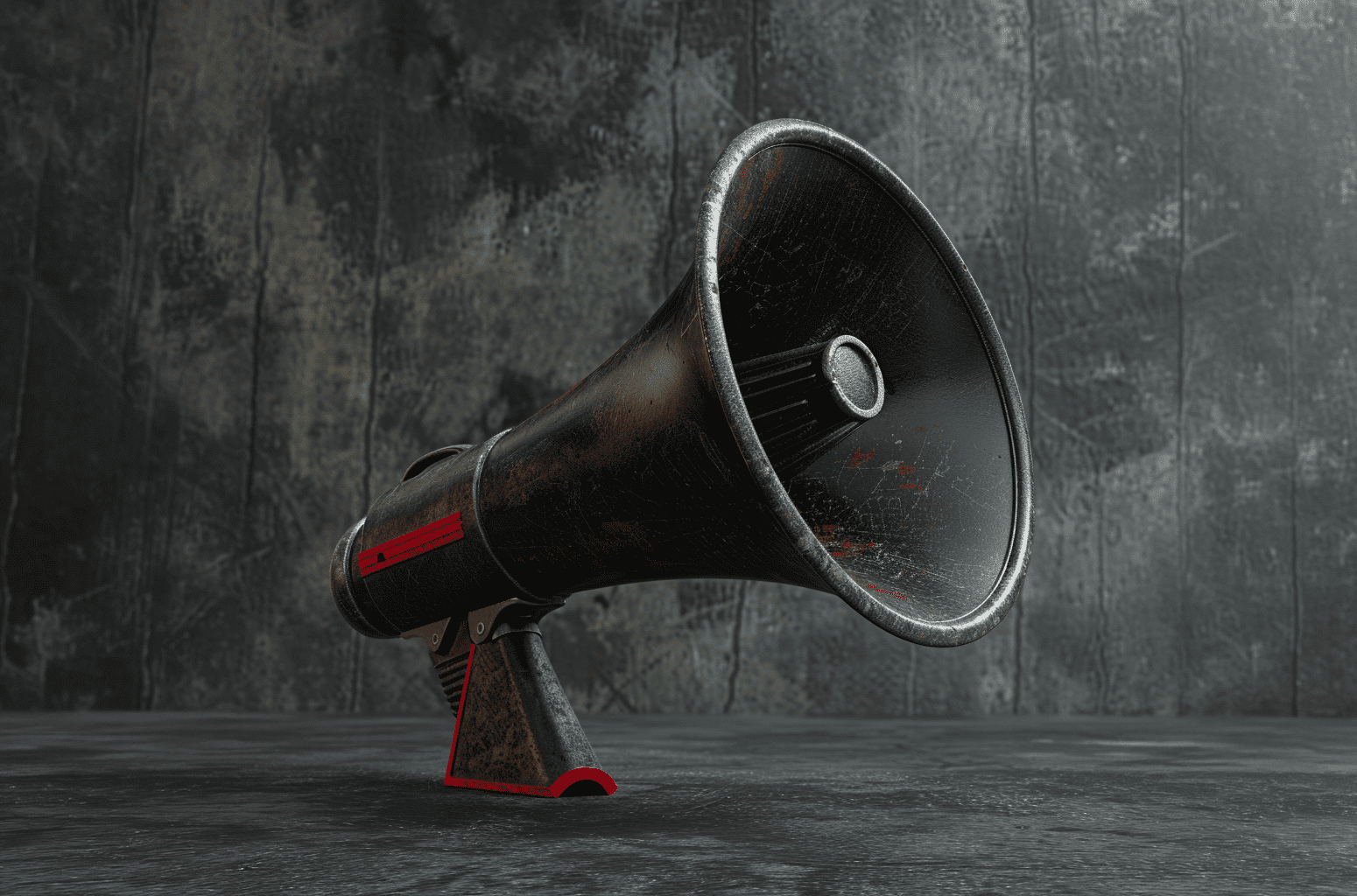 Aim for Applause: 3D crimson megaphone on a charcoal background for theater marketing and audience growth strategies.