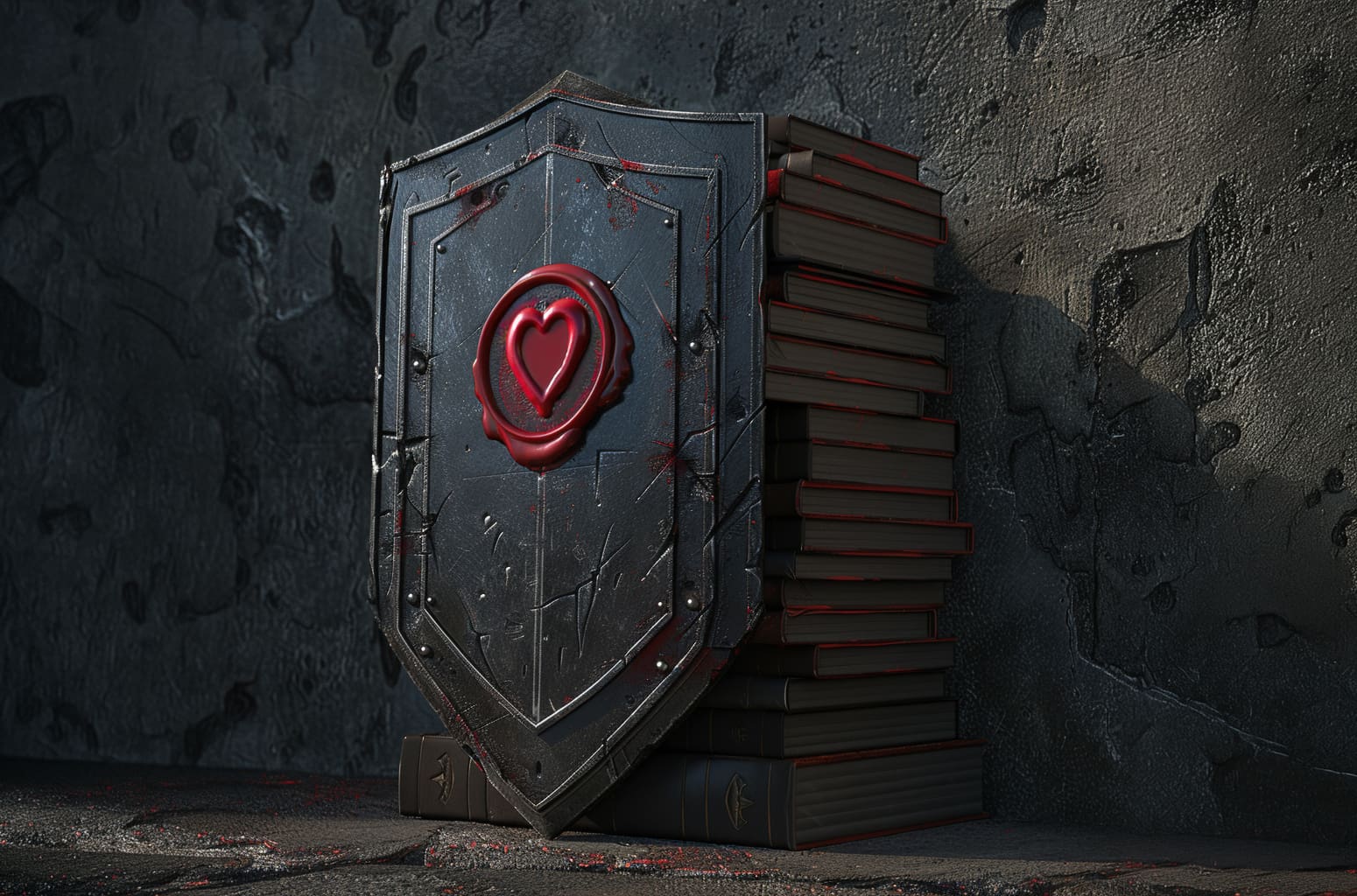 The Business Office: 3D crimson tactical shield with TLC logo on a charcoal background for theater management and policy.