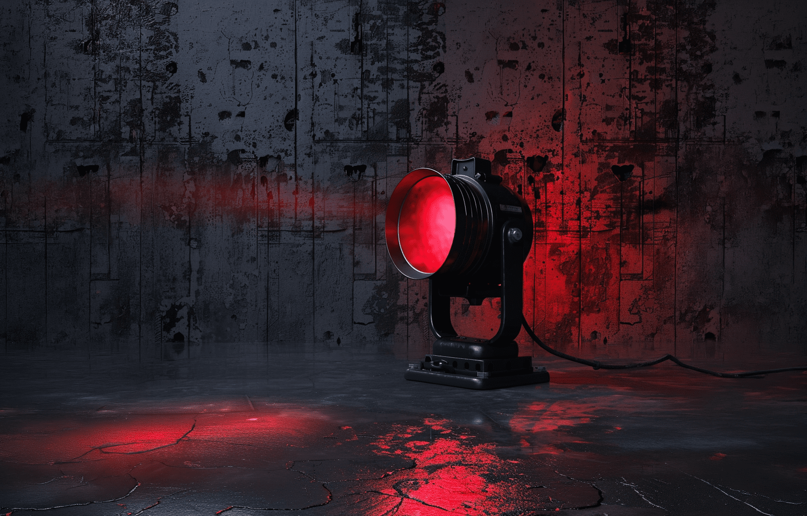 Technical Theatre & Design: 3D crimson stage spotlight on a charcoal background for technical theatre and print specifications.